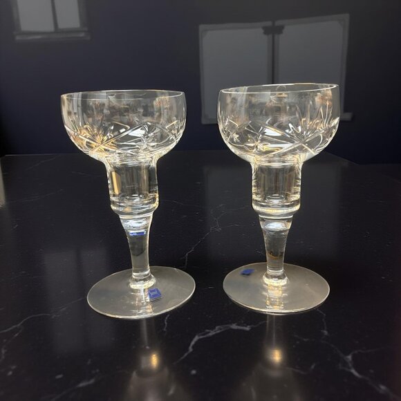 2 Hadeland Norway Crystal Stem Candle Holders with Labels Cut Starburst Coupe Fo - Picture 3 of 10